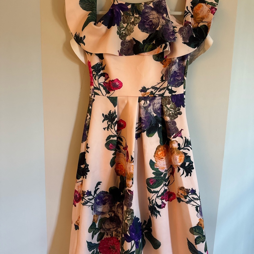 Spring ASOS Floral Ruffle over the shoulder Midi Dress – Size US 6